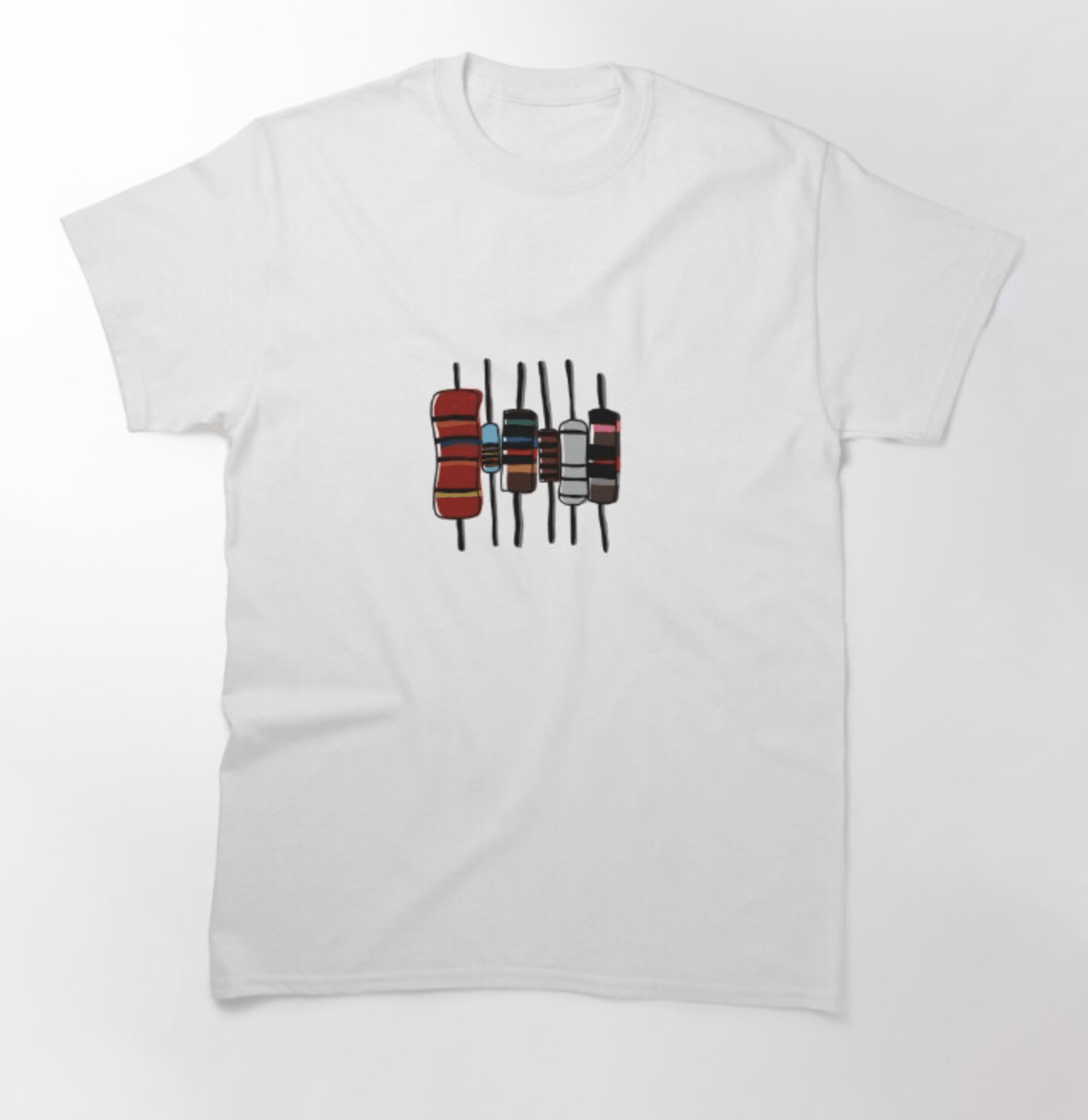Links to a Red Bubble post for a resistor t-shirt